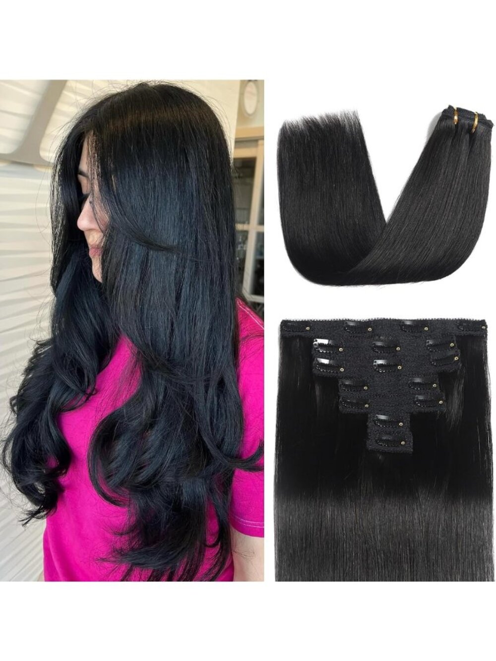 16 Inch Clip-In Real Human Hair Extensions - Soft Remy, Natural Black, 7pcs